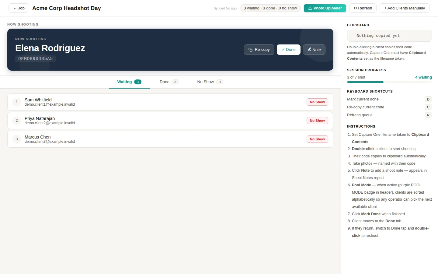 Headshot Queue live shooting queue showing the current client and waiting list