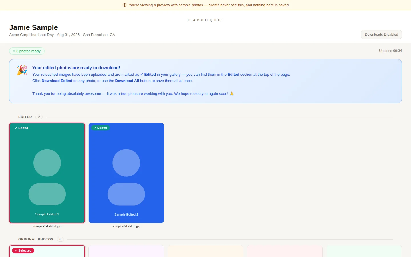 Headshot Queue client gallery showing delivered photos ready for download