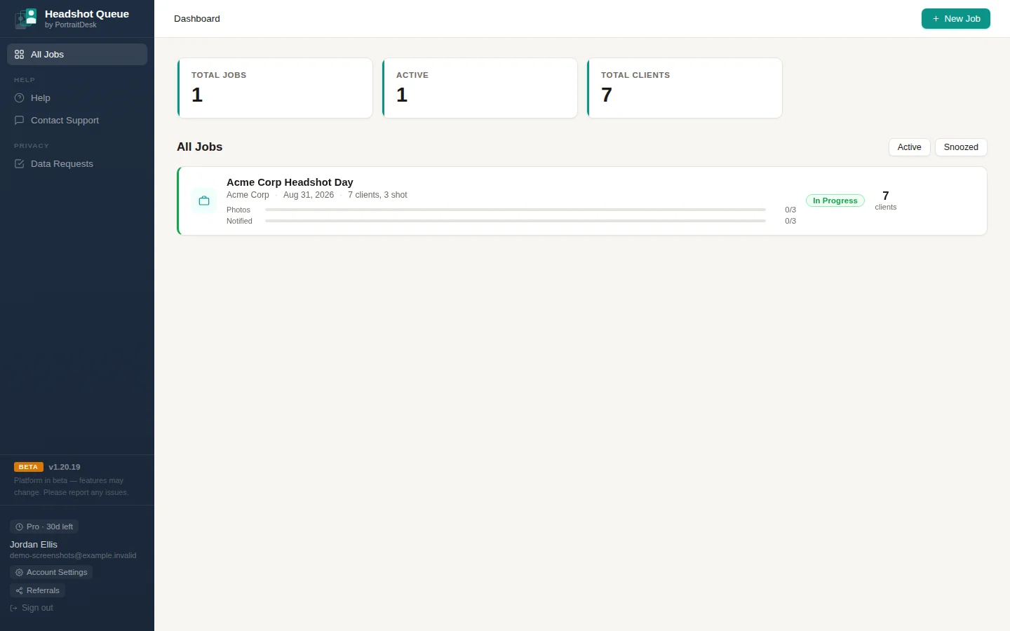 Headshot Queue dashboard showing a job card with client and photo counts